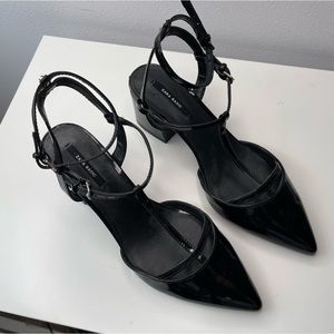 black zara patent leather pointed toe heels with double t strap, size 7.5